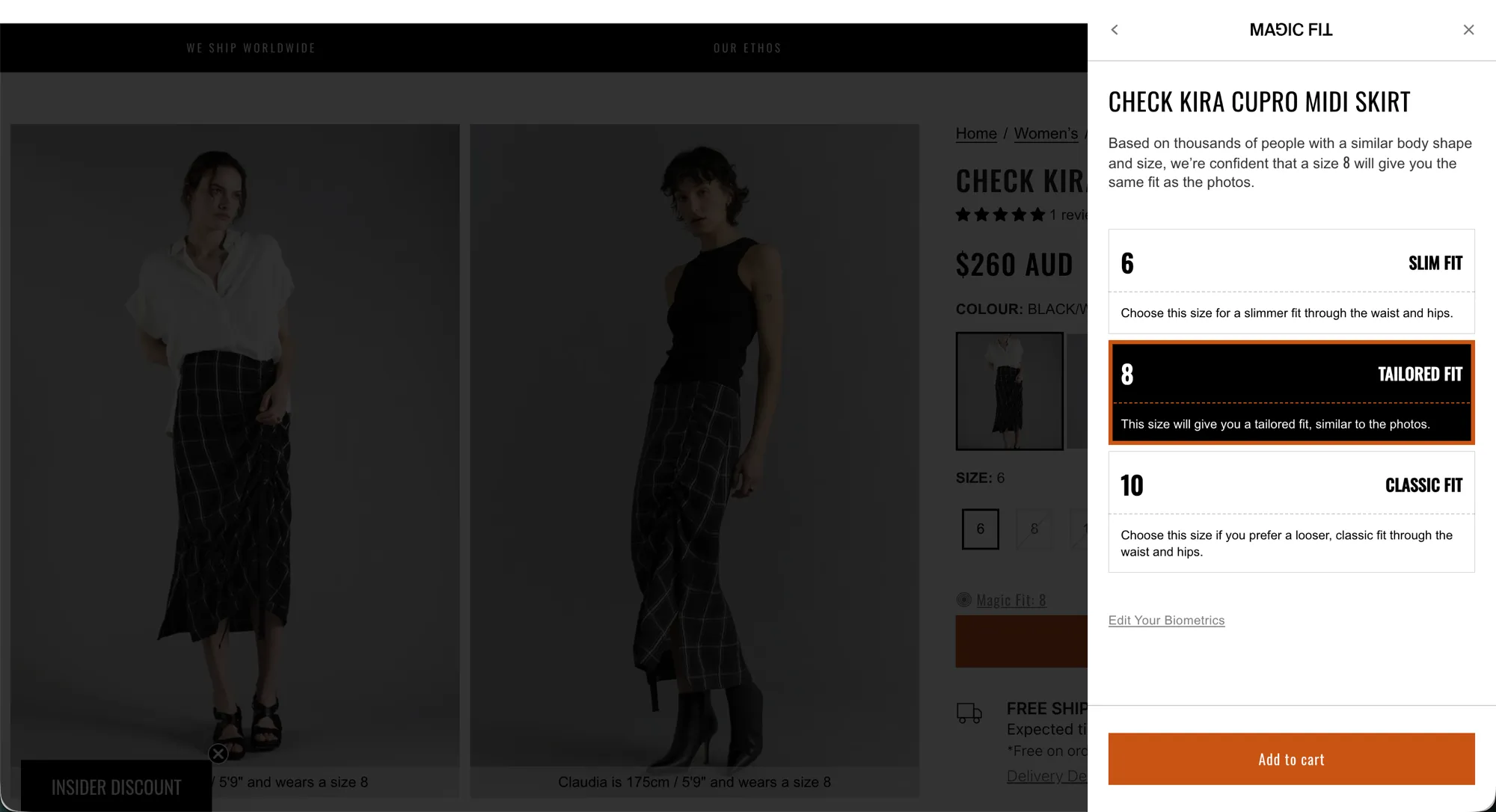 Magic Fit size recommendation on a Nique product page, showing Slim Fit, Tailored Fit, and Classic Fit options for the Check Kira Cupro Midi Skirt