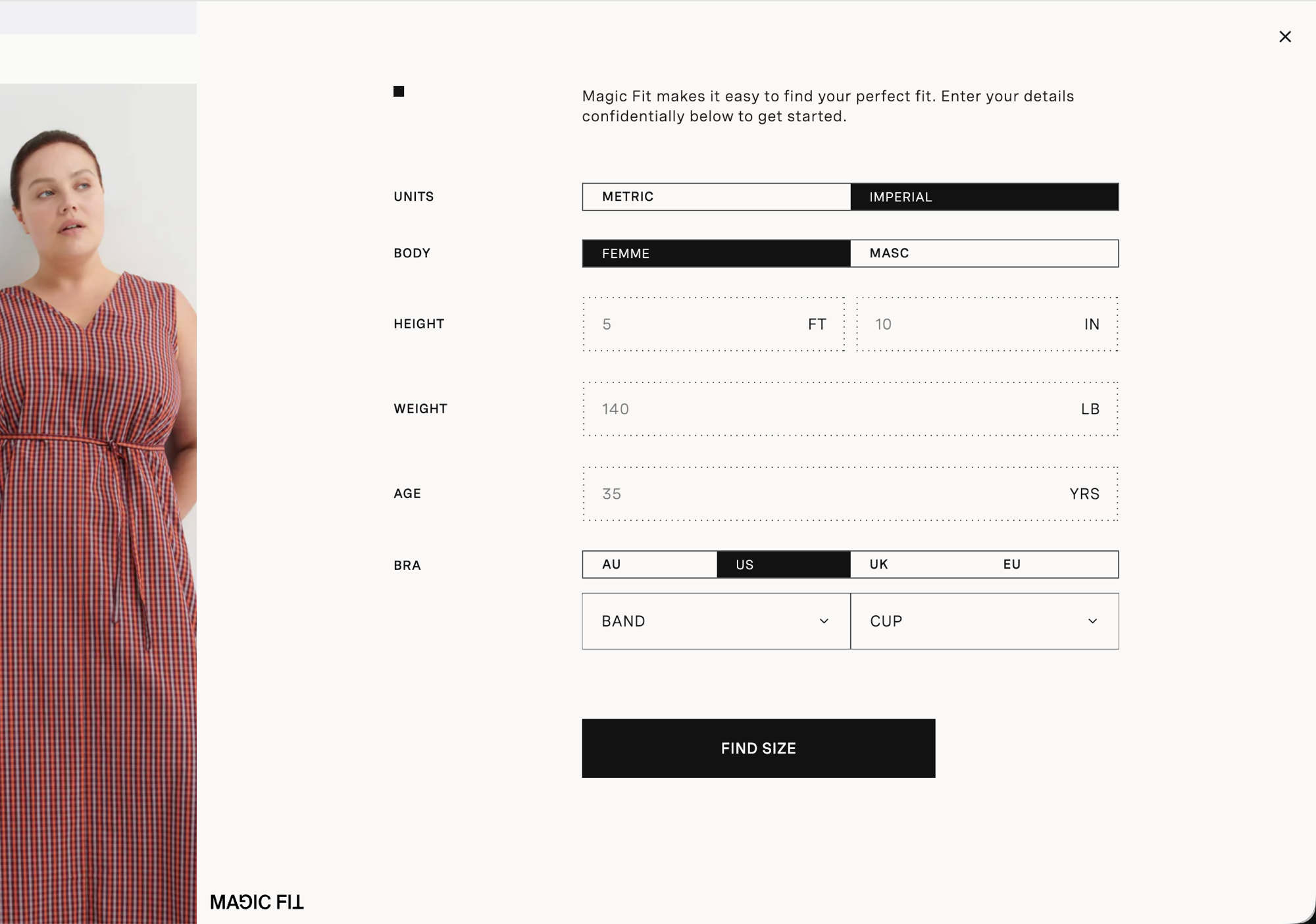 Magic Fit on Kowtow US store — imperial units (feet, inches, pounds)
